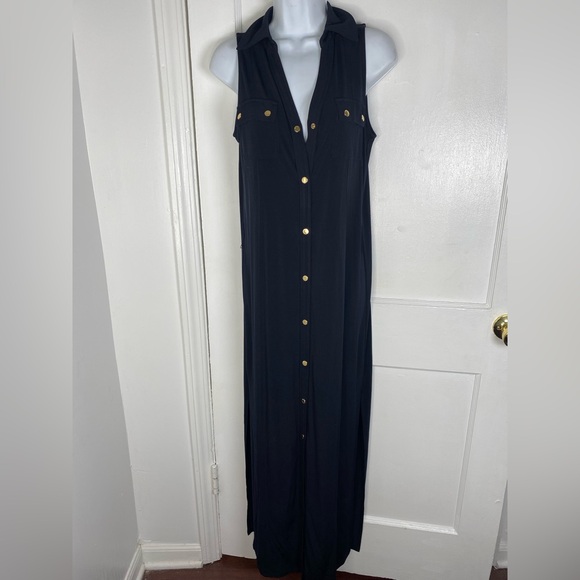 Michael Kors Midnight Blue Maxi Dress with Gold Buttons missing string belt - Picture 2 of 8